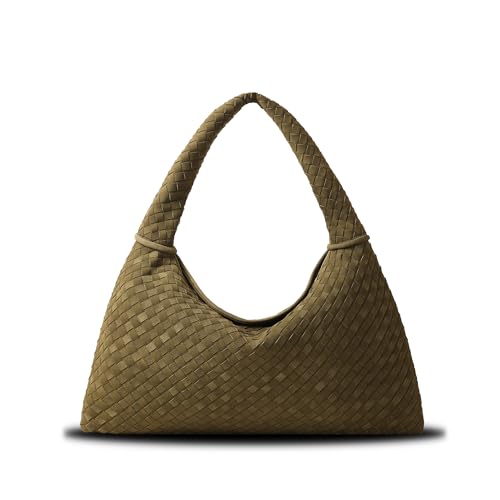 Leather Woven Shoulder Handbag, Suede Leather Tote Bag for Women, Handwoven Hobo Handbag, Vintage Large Tote Purse Underarm Purse Winter Bag, Green