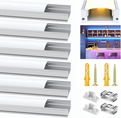 LED Aluminium Profil 6 x 1M für LED Streifen U-Profil Aluschiene mit Milchiger Abdeckung LED Strip Kanal inkl. Endkappen Montageclips & Schrauben Aufputz LED Schiene - Ideal für Küche & Möbel