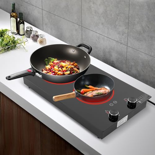 Double Burner Ceramic Electric Cooktop 2100W with Knob Control, 10 Power Levels & 2H Timer, Child Safety Lock, Portable for Kitchen RV Camping, Works with All Flat-Bottom Pots (Black) - Image 5