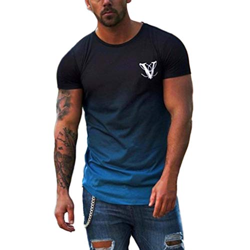 YanHoo Cuello Redondo de Moda para Hombre Elástico Degradado Color Elíptico Dobladillo Casual Camiseta de Manga Corta Camisa de Manga Corta Moda Hombre Gradiente Cuello Redondo
