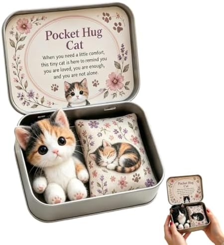 Mini Plush Cat in Box, Your Furry Little Encourager, Hugs Positive Stuffed Animal Huggable with Positive Card Cute Emotional Support Inspirational Gift Doll,Pocket Hug Plush Keepsake Tin