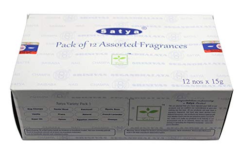 Satya Incense Set Of 12 Nag Champa, Super Hit, Sacred Sandalwood, Pure Patchouli, Mystic Rose, Vanilla, Prana, Natural, French Lavender, Opium, Egyptian Jasmine, Champa, Varietypack01 #TOP2