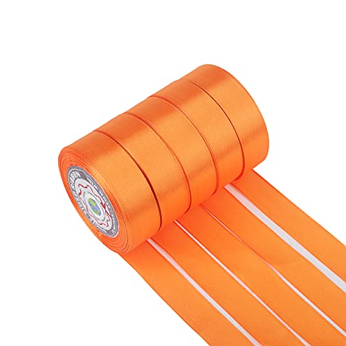 Avos Deals Global - 5 Rollen Satinband, 25mm x 22m einseitiges Satinband, dekoratives Band, Geschenkband, Stoffband für Hochzeit, Taufe und Geburtstagsgeschenke (Orange) Cover