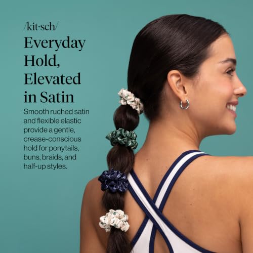 Image of Kitsch Ruched Satin Scrunchies for Women - Cream, Court Green & Navy Blue | Wake Up Frizz-Free, No Crease Hair Ties, Softer Than Silk Scrunchies, Stylish Hair Accessories For All Hair Types - 5pcs