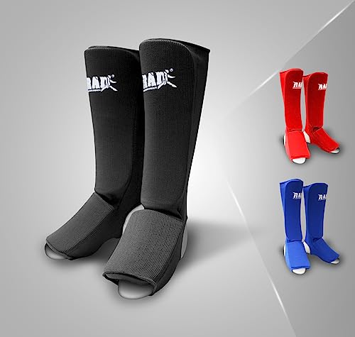 RAD Shin Guards MMA, Karate, TKW. Elastic Cloth Shin & Instep Padded Guards Protective Kickboxing (Pair) (XL, Black)