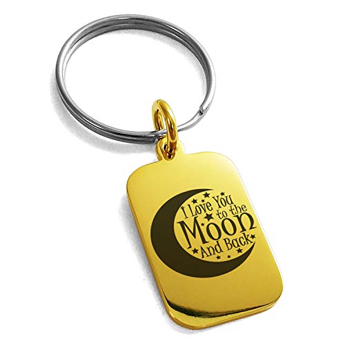 Stainless Steel Crescent I Love You to the Moon and Back Small Rectangle Dog Tag Charm Keychain Keyring