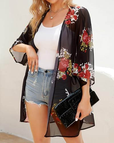 Women's Floral Print Puff Sleeve Kimono Cardigan Loose Cover Up Casual Blouse Tops