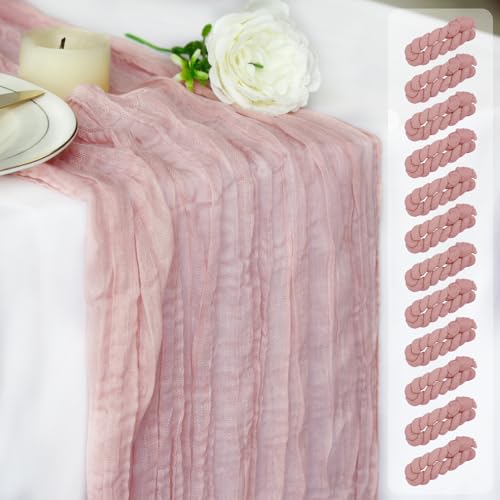 Dekafri Dusty Pink Cheesecloth Table Runner 12 Pack 120 Inch Cheese Cloth Table Runner 10ft Long Gauze Table Runners for Wedding Decor Bridal Shower Baby Shower Party Table Decorations