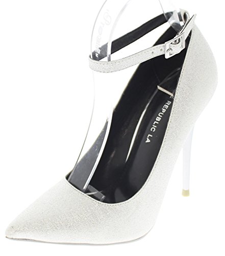 Shoe Republic Pointy Toe Stiletto Pump w/Thin Ankle Strap Audrey (Silver Sparkle 9)