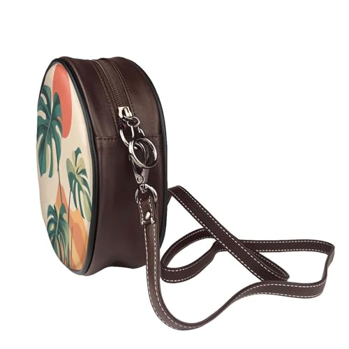 Monstera Plant The Sun Mountains Women Round Crossbody Bags Leather Sling Bag Purse3