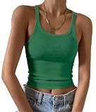Imily Bela Camiseta de tirantes para mujer, sexy, espagueti, con cuello en U, básica, de verano, ajustada, sin mangas, camisola, verde oscuro, L