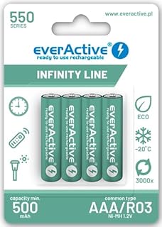 everActive Batteria AAA 550 mAh 4 pezzi, NI-MH, Mini R03, ricaricabile, precaricata, Infinity Line 1,2 V, 1 blister, verde, EVHRL03-550