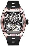 Free Focus Einzigartige Herrenuhren, automatische mechanische Uhr, luxuriöse Skelett-Tonneau-Uhren für Herren mit Edelstahlgehäuse und Silikonband (Rubin-Uhrwerk/5 ATM wasserdicht/super leuchtend