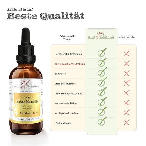 Kamille Tinktur 50ml | Matricaria chamomilla Tropfen (1:4 Extrakt) | Premium Qualität aus Österreich | Veganes Nahrungsergänzungsmittel | Mutterkraut, Echte Kamille, Königskerze, Hundeblume