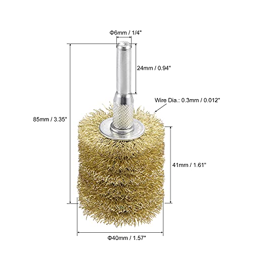 Image of uxcell Wire Wheel Brush, 1.57 inch x 1.61 inch Stainless Steel Brass Plated Coarse Crimped Wire 0.012 inch with 1 /4 inch (6mm) Round Shank for Cleaning Rust Stripping Abrasive