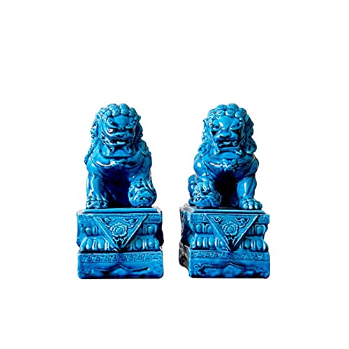 jdzjybqx Chinese Fu Lions Foo Dogs Statues Pair Blue Ceramic Feng...