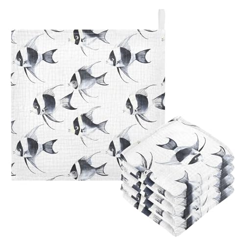 Image of vvfelixl Black and White Angelfish Baby Burp Cloths Baby Muslin Washcloths for Boys Girls Cotton Babys Face Towel for Newborn Infants Soft and Absorbent 11.8 X 11.8 in, 5 Pack