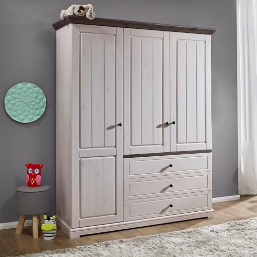 Lomadox Kleiderschrank Schrank Schlafzimmerschrank Kinderzimmer Babyzimmer Kiefer weiß mit grau