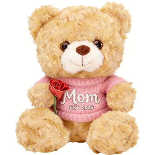 OELTTG 12'' Personalized Mother's Day Teddy Bear with Rose, Custom Embroidered Name Stuffed Teddy, Soft Plush Mom Bear Gift for Mom Grandma from Daughter Son, Customized Birthday