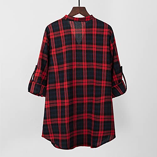 mewmewcat Listrado Camisa xadrez feminina de outono xadrez com decote em V botões pulôver com manga