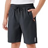 Hoseay Jungen Shorts Kinder Kurze Hosen Schnelltrocknend mit Reflexstreifen und Reißverschlusstaschen Kordelzug Sportshorts Leicht Aktiv-Shorts Fußball Freizeit für 12-13 Jahre, Grau