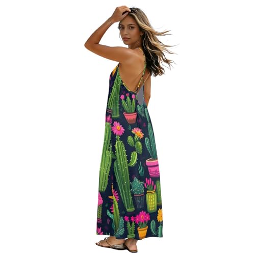Robe d'été à bretelles spaghetti dos nu motif cactus vert fluide femme