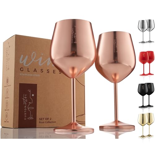 Copas de vinho em aço inoxidável - copos inquebráveis de 18 onças para festas ao ar livre na piscina, aniversários - Elegante louça de ouro rosa para champanhe e coquetéis (conjunto de 2)