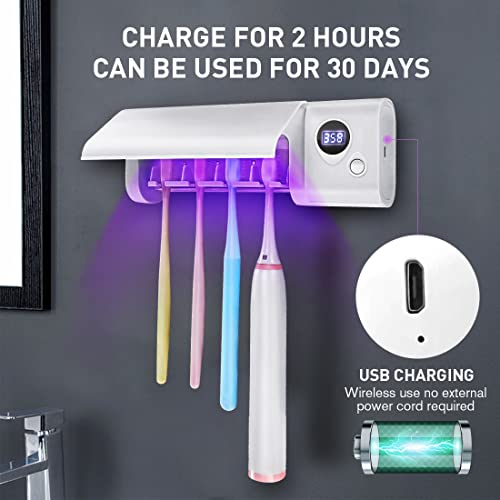 Toothbrush Sanitizer, Toothbrush Sanitizer and Holder-4 Toothbrush Slots, UV Toothbrush Sterilizer for Bathroom, Wireless Wall Mount Toothbrush Holder Fits Electric, Ordinary Toothbrushes