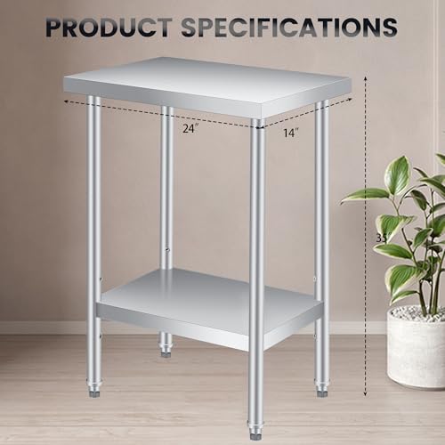Image of Stainless Steel Table, 24 inch x 14 inch Heavy Duty Worktable with Adjustable Undershelf, 2 Tier Metal Prep Table for Commercial Kitchen, Restaurant, Garages