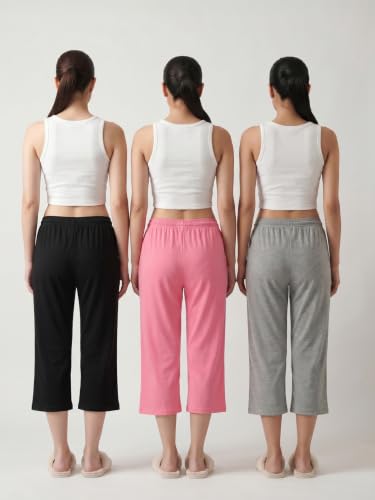 Image of Fflirtygo Women's Cotton Plain Calf Length Capri | Nightwear Pajama | 3 /4th Solid Pyjama Pant | Black Navy and Lavender Lounge Pants | Casual wear & Lounge Wear Capri Combo (Pack of 3)