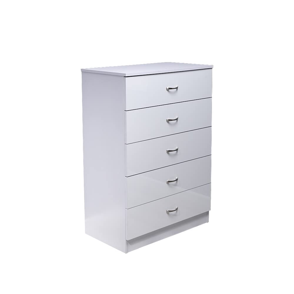 FWStyle Contemporary 5 Drawer Chest High White Gloss Bedroom Storage Metal Handles, Sideboard Bedroom Furniture Set…