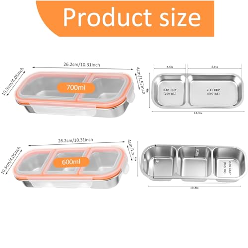 Image of Stainless Steel Snackle Box Container - 2 Pack Bento Box for Kids & Adults, 2+3 Compartment Leak-Proof Snack Containers with Lids (2+3 Compartment)
