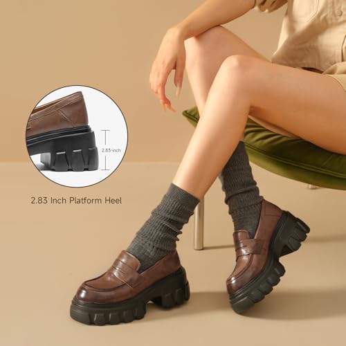 Image of BEAU TODAY Loafers for Women Dressy Leather Chunky Plaform Shoes | Genuine leather, breathable, Non-slip, thick sole business casual shoes