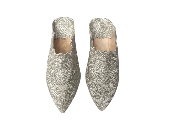 Traditional Moroccan babouche Slippers | Silver Slipper with sole | handcrafted Gold slippers for Women | Gray Slipper Gold shoes babouche (42 EU women's, Silver)