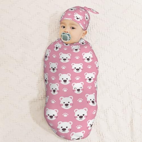 Image of Kawaii Bear Heads and Paws Newborn Swaddle Blankets Hat Sets Soft Baby Receiving Blanket Swaddle Sack for Baby Shower Infant Boy Girl Gift