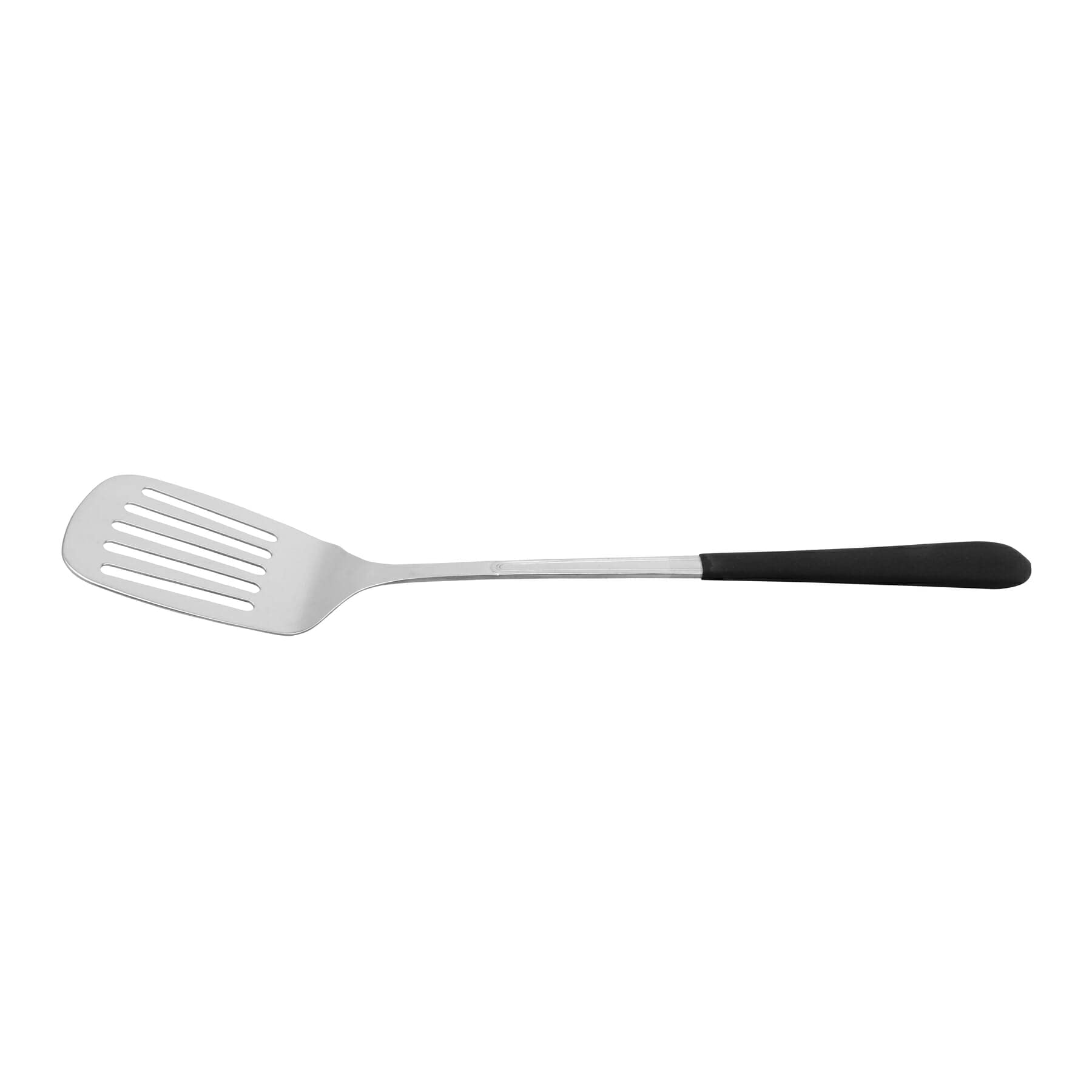 13.5" Stainless Steel Slotted Spatula with a Black Cool-Grip Handle, Dishwasher Safe Serving Utensils by GET, BSRIM-81-BK