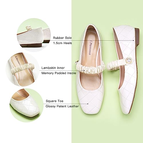 C.Paravano Mary Jane Flats for Women | Square Toe Ballet Flats with Pearl Strap | Comfortable Dress Shoes for Work, Wedding, Party & Daily Wear(Size 8.5,White_a)4