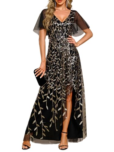 Ever-Pretty Women's Shimmery Formal Dress V Neck Sequins A-Line Side Slit Elegant Long Evening Dresses Black Gold US8