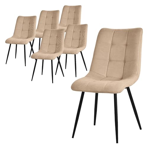 ML-Design Set de 6 Chaises de Salle à Manger Marron Clair, avec Revêtement en Tissu Polyester et Pieds Métalliques Noirs, Chaises de Cuisine avec Dossier,...