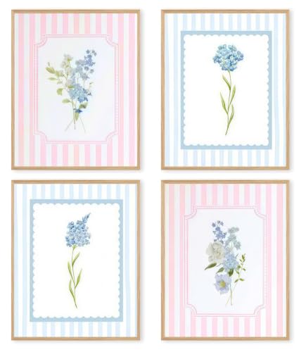 4 lienzos de flores silvestres azules para decorar un dormitorio juvenil con encanto pastel