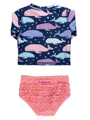 Image of RuffleButts Baby /Toddler Girls Long Sleeve Rash Guard 2 Piece Swimsuit Set w /UPF 50+ Sun Protection with Zipper