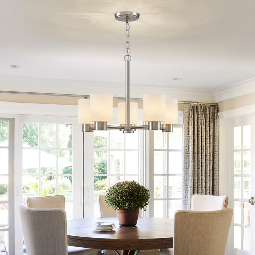 Image of WUZUPS 5-Light Pendant Chandelier Light Frosted White Glass Shade with Grain Ceiling Lighting Elegant Modern Fixture Bathroom Kitchen Dining Room Entry Foyer, H 15.8 inch W21, E12 Base, Brushed Nickel