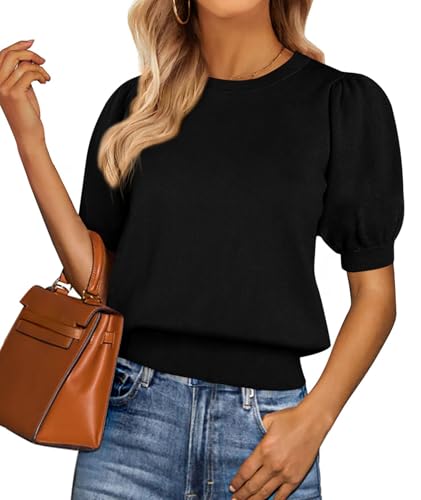 Image of PRETTYGARDEN Womens Sweaters Spring 2026 Summer Puff Short Sleeve Sweater Trendy Cute Knit Work Blouses Business Casual Tops