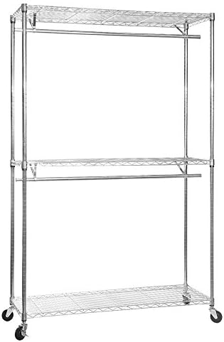Shopfitting Warehouse 2 Tier Chrome Wire Shelving with 2 Clothes Rails, 3 Shelves and Wheels - 1200mm