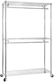Shopfitting Warehouse 2 Tier Chrome Wire Shelving with 2 Clothes Rails, 3 Shelves and Wheels - 1200mm