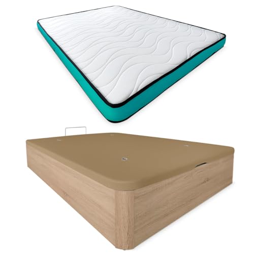 mattfy - Pack Colchón Viscoelástico Vega Reversible + Canapé Madera Abatible Gran Capacidad | Color Cambria 135 x 190