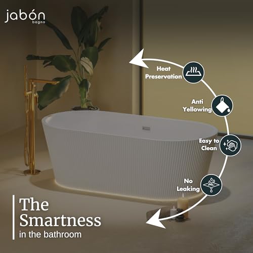Image of INFINITY Freestanding Bathtub 150 cm - White Glossy Acrylic Soaking Tub with Attractive Outer Grid Design, Overflow Drain, Brass Pop-Up Waste Coupling & Waste Pipe, 6-Layer Reinforced
