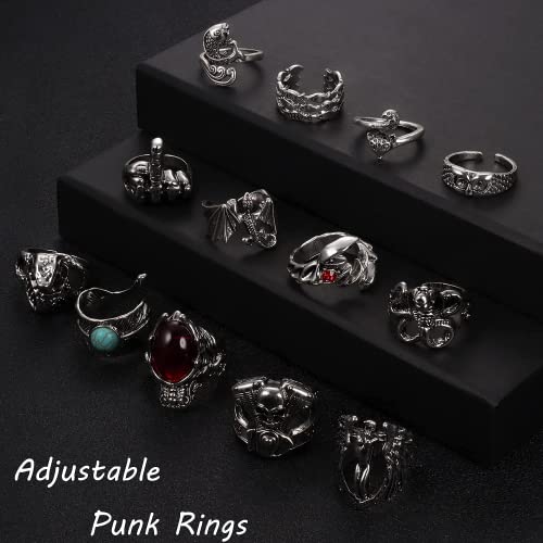JeryWe 16 Stück Vintage Punk Ringe für Frauen Männer Gothic Ringe Schlange Drache Eule Totenkopf Ringe Hippie Biker Ringe Einstellbare Ringe Set