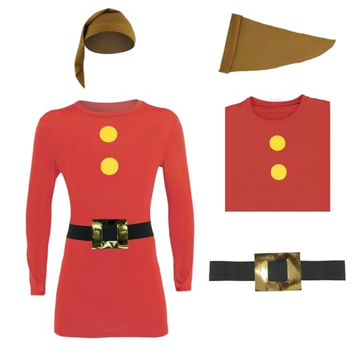 PAINEOMN The Seven Dwarfs Shirt Costume Sneezy Doc Bashful Grumpy Happy Dopey Sleepy T-shirt with Hat Belt Halloween Cosplay L