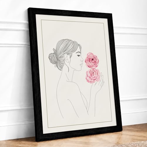 Image of Woman with Roses Minimalist Framed Wall Art Print A2 Black Frame